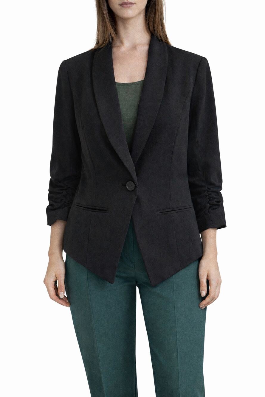 New Directions Sz L Black Ruched Sleeve One Button Fall Career Stretch Blazer